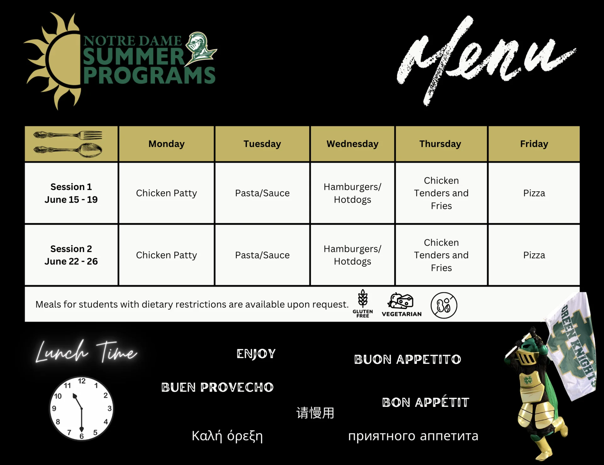 summer program lunch menu