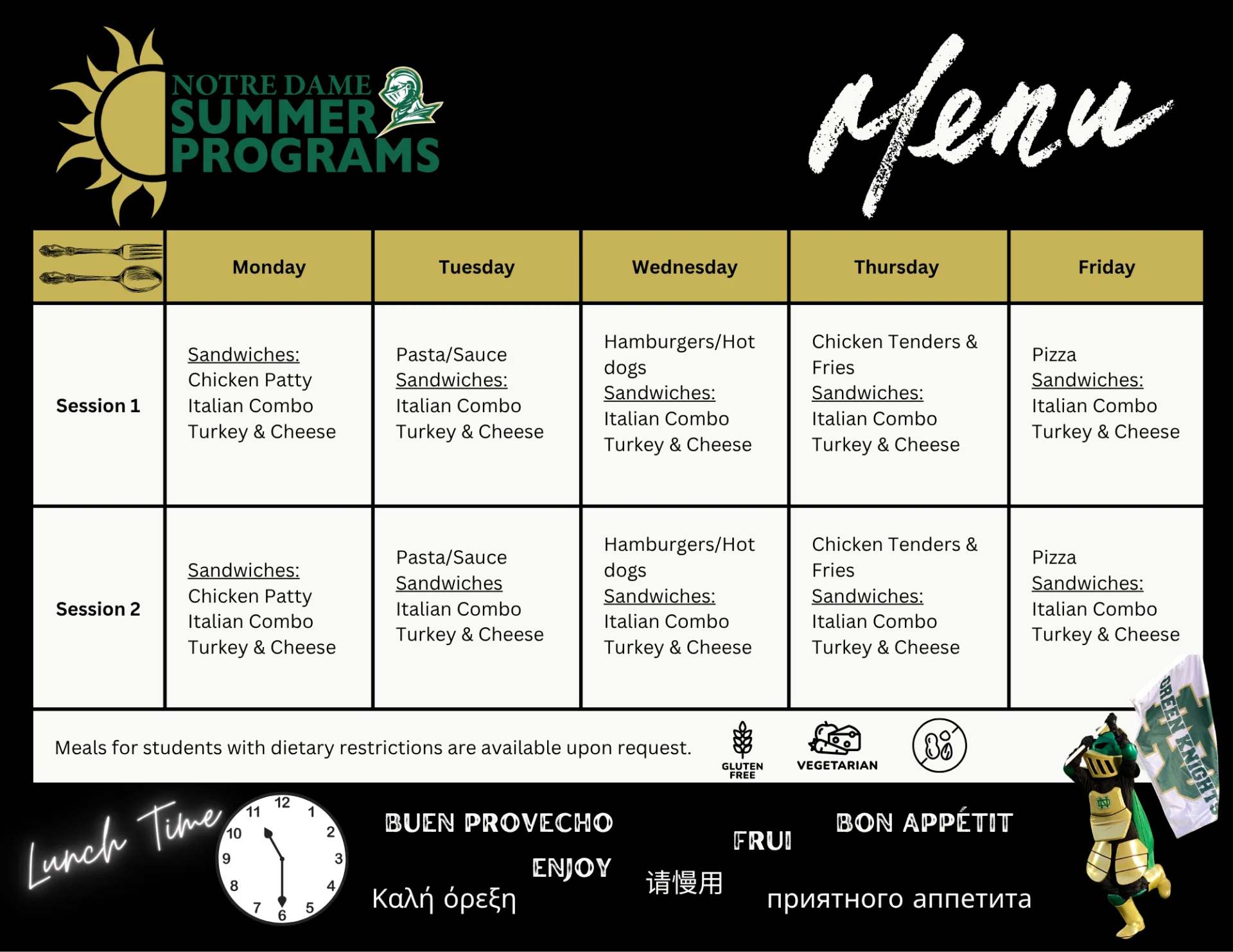summer program lunch menu